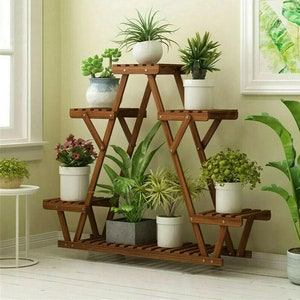 6 Tiered Wood Plant Stand Indoor Outdoor Triangular Plant Stand