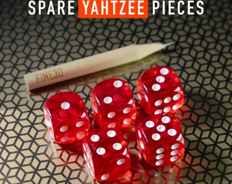 Replacement Dice and Pencils for Altoids Tin Yahtzee Set - 5 Red Dice & 3 Custom Pencils