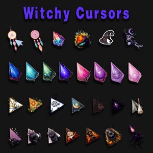May include: A set of 28 witchy cursor icons for computer use. The icons feature various witchy themes, including crystals, dreamcatchers, cats, and a witch's hat. The icons are in a variety of colours, including purple, blue, green, pink, and orange.