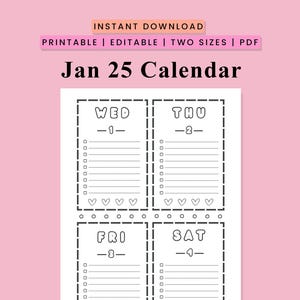Calendario de enero de 2025 / Imprimible / PDF / Descarga digital / Página de diario / Página para colorear