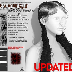 May include: Digital art product featuring "Cornrow parting brushes" for Photoshop and Procreate. Includes four brushes: three cornrow types and a cornrow tip stamp. Great for digital artists, 3D content creators, and game content creation. The word "UPDATED" is in red.
