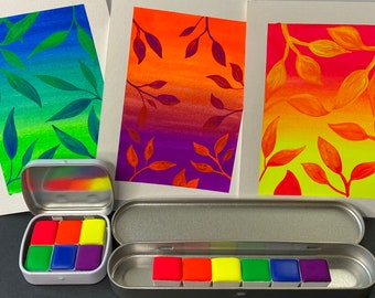 Neons! Handmade Fluorescent/UV reactive Neon Watercolor Paints, Set of 6 Half Pans, Tin Included