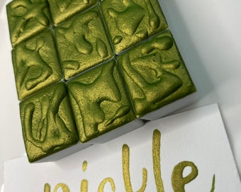 Pickle Olive Gold Shimmer Mica-Based Metallic Handmade Watercolor Half Pan