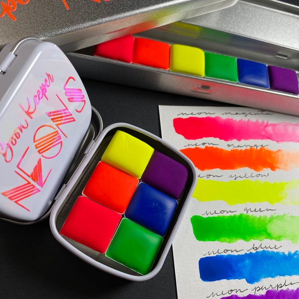 Neons! Handmade Fluorescent/UV reactive Neon Watercolor Paints, Set of 6 Half Pans, Tin Included
