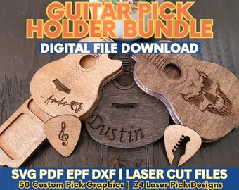May include: A bundle of digital files for laser cutting guitar pick holders. The bundle includes 50 custom pick graphics and 24 laser pick designs. The image shows a variety of wooden guitar pick holders with different designs, including a skull, a treble clef, and a guitar neck.