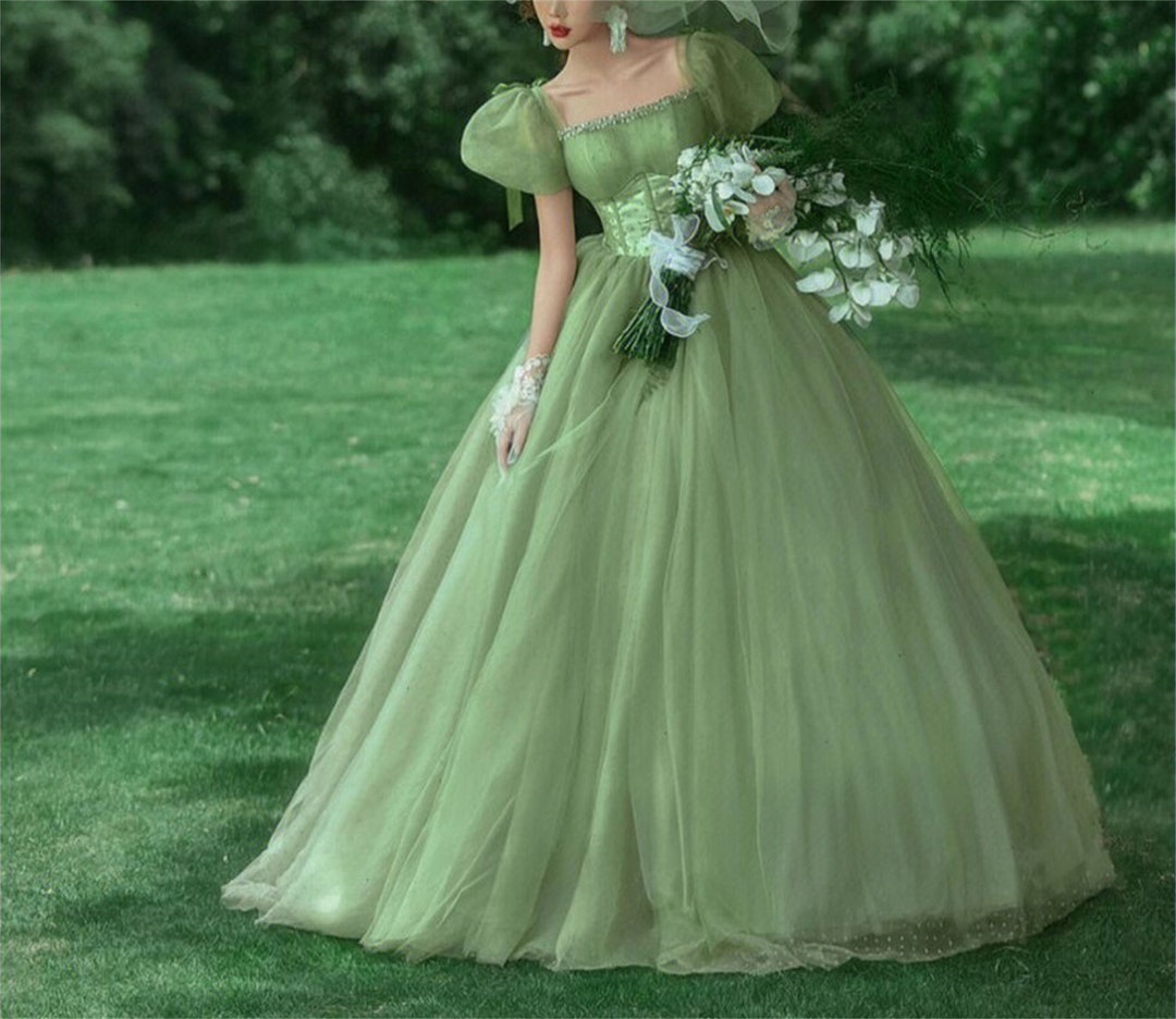 2023 New Light Green Evening Dress Vintage Puff Sleeve Princess Robe De  Soiree Simple Elegant Floor-length Ever Pretty Vestidos