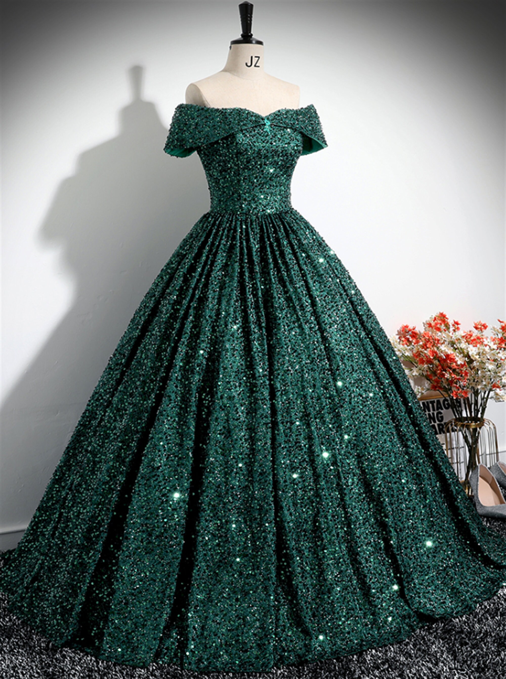 Glitter Forest Green Prom Dress Offtheshoulder Evening Dress Etsy