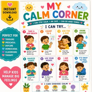 Op de afbeelding: Een kleurrijke educatieve poster getiteld "My Calm Corner" met illustraties en tekst. Het bevat tips voor het omgaan met gevoelens, waaronder diep ademhalen en het gebruik van woorden. Perfect voor peuters, kleuters, kinderdagverblijven en klaslokalen.