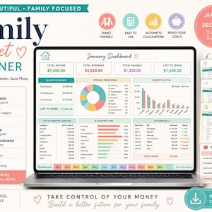 May include: A laptop displays a family budget planner with charts and graphs. The planner includes a monthly budget, bill tracker, and savings goals. Text on the screen reads "January Dashboard" and "Take Control of Your Money." Additional pages show monthly budgets.