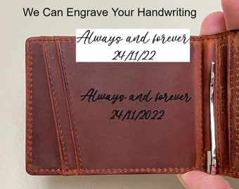 Personalized Leather Men's Minimalist Wallet, Handwriting Custom Slim Wallet, Gift For Him/Husband/Boyfriend/Dad/ Son/Anniversary/Valentines