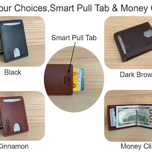 May include: Four leather wallets in different colors: black, dark brown, cinnamon, and a money clip. The wallets have a pull tab and a slot for cards. The money clip has a metal clip for holding bills.