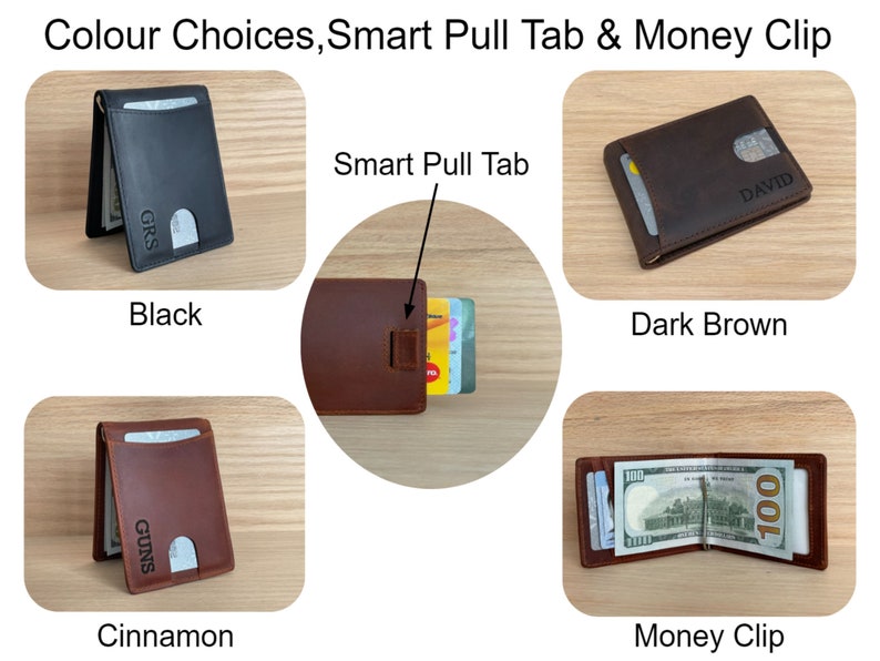 May include: Four leather wallets in different colors: black, dark brown, cinnamon, and a money clip. The wallets have a pull tab and a slot for cards. The money clip has a metal clip for holding bills.