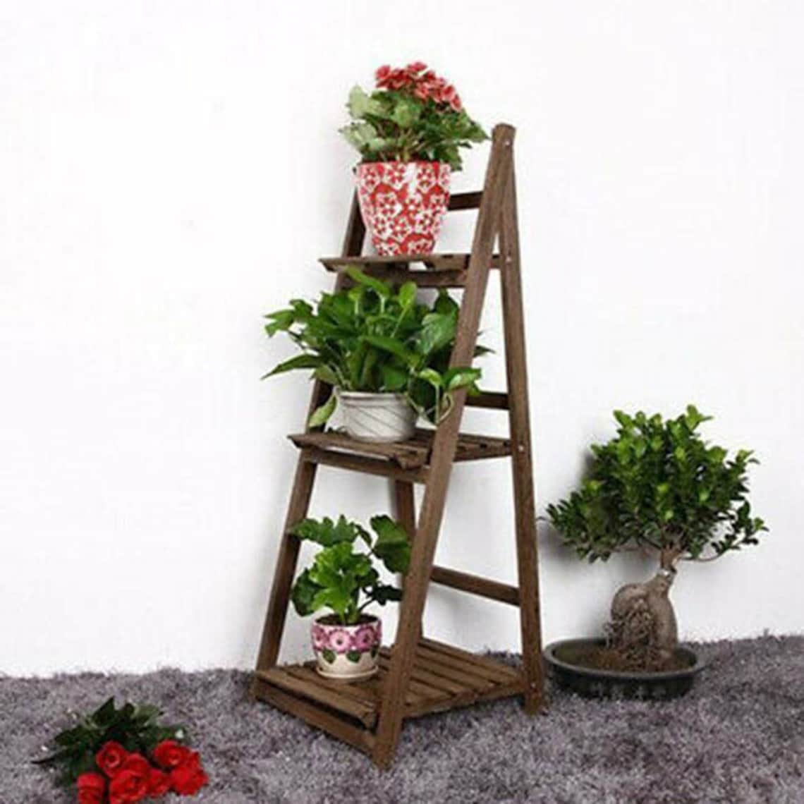 Foldable Wooden Ladder Plant Shelf Ladder 3 Tier Wooden Etsy
