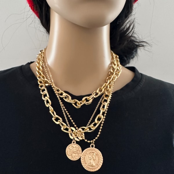 Chunky Gold Necklaces for Women,Multilayer Punk 80s Hip Hop Necklace,Layered Cuban Link Chain Statement Necklace