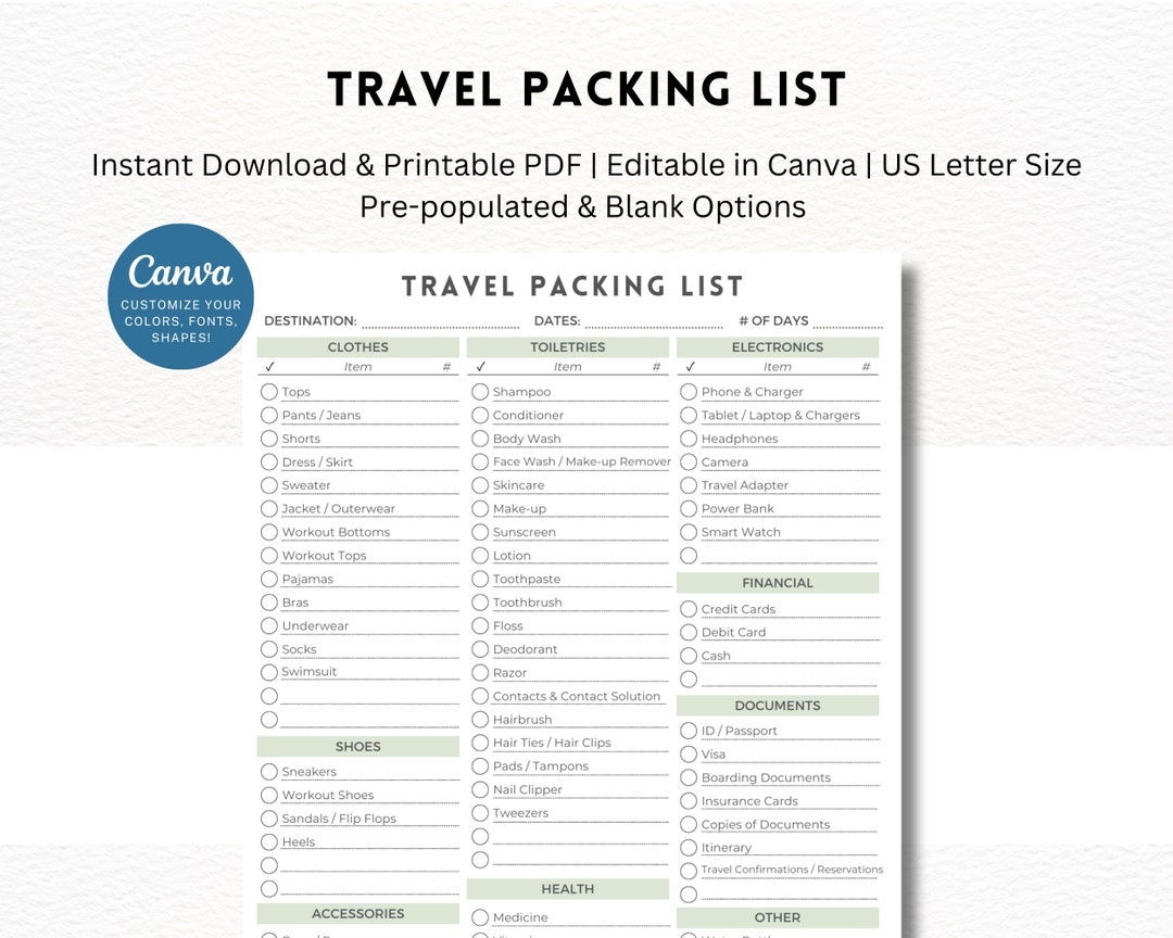 Editable Travel Packing List Template Instant Download - Etsy