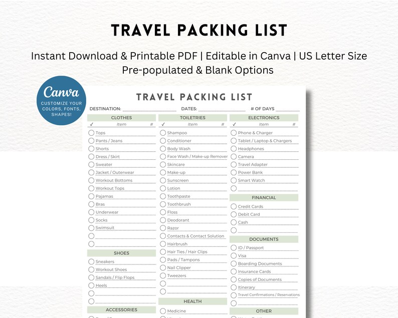 Editable Travel Packing List Template Instant Download Editable in