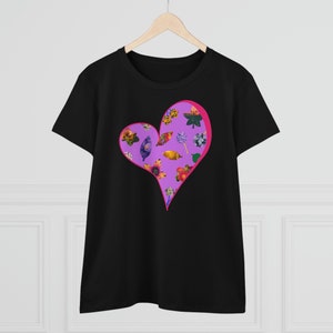 Women&#39;s Mid-weight Cotton Tee - Floral Hearts - Purple Blue Pink Multi Colored