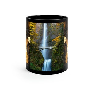 Waterfall And Bridge Collage Mug - Black Yellow Blue Green, 11oz