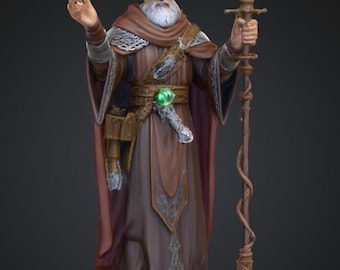 Bearded Cleric with Glowing Staff – 28mm RPG Miniature STL for Resin 3D Printing