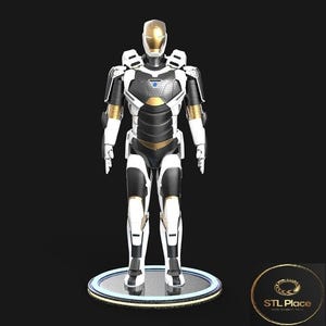 May include: A detailed figurine of a superhero in a white, black, and gold armored suit. The figure stands on a circular base with a blue illuminated edge. The helmet and accents are gold. The figure is a representation of a popular comic book character.