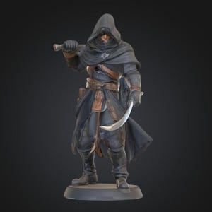 May include: A detailed figurine of a hooded figure in dark clothing, holding a curved blade and a small weapon. The figure is standing on a circular base, with intricate details in the design of the costume and weapons.