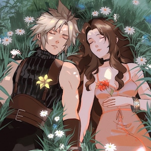 Peut inclure: Une illustration numérique de deux personnages allongés dans un champ d'herbe verte et de marguerites blanches. L'un a des cheveux blonds en pointe, un col roulé noir et des lanières en cuir marron. L'autre a de longs cheveux bruns.