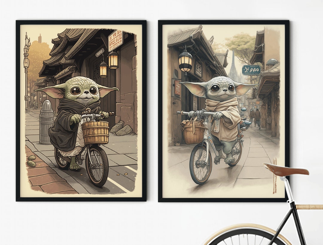 Star Wars Baby Yoda Exploring Japan on Bicycle Wall Art Etsy
