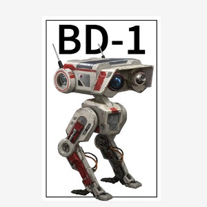 May include: A white and red robot with the text "BD-1" on a white background.