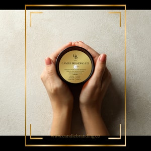 May include: A black candle jar with a gold label that reads "Candle Branding Co." The label also includes the text "Made with pure organic materials Soy wax, Coconut wax, Wood wick, Organic essential oils" and a list of scents: "Apricot, Coffee, Blue Tea, Vanilla".