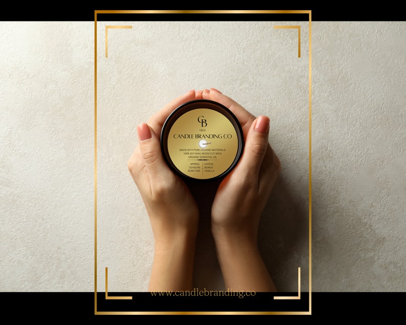 May include: A black candle jar with a gold label that reads "Candle Branding Co." The label also includes the text "Made with pure organic materials Soy wax, Coconut wax, Wood wick, Organic essential oils" and a list of scents: "Apricot, Coffee, Blue Tea, Vanilla".