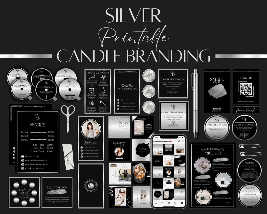 Silver Candle Business Branding Bundle, Luxury Silver Candle Label Set