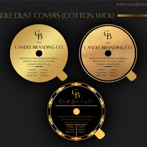 May include: Gold candle dust covers with a black background. The covers are round and have a gold design with the text "Candle Branding Co" and "120g". The covers are made with pure organic materials, 100% soy wax, wood cut wick, and organic essential oil. The covers are approximately 32 hours burn time and have a coffee, bean & vanilla scent.