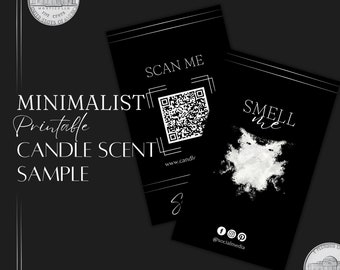 May include: Two black and white printable cards for candle scents. The first card has a QR code and the text "SCAN ME" and "www.candle". The second card has a white cloud shape and the text "SMELL me". Both cards have social media icons and the text "@socialmedia".