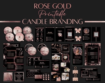 May include: A set of printable branding elements for a candle business, featuring a rose gold and black colour scheme. The set includes labels, tags, cards, and social media graphics.