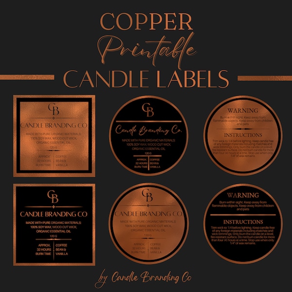 Copper Candle Label Template | Candle Warning | Candle Label Sticker | Printable Candle Label Candle Copper Label | Editable Candle Bundle