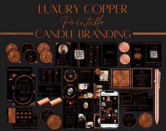 May include: A collection of printable branding elements for a candle business. The design features a black and copper color scheme with a modern, minimalist aesthetic. The elements include labels, tags, packaging, social media graphics, and more.