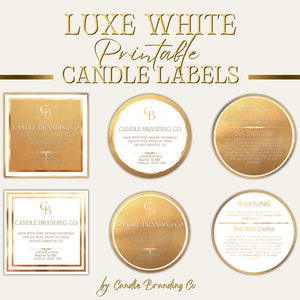 Puede incluir: Etiquetas imprimibles para velas con un diseño dorado y blanco. Las etiquetas incluyen el texto "Candle Branding Co." y "Luxe White Printable Candle Labels".