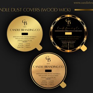 May include: Three gold labels for candle jars with a black background. The labels feature the text "Candle Branding Co." and "120g" with a gold "B" logo. The labels list the ingredients as "Made with pure organic materials: 100% soy wax, wood cut wick, organic essential oil." The labels also list the scent as "Coffee Bean & Vanilla" and the approximate burn time as "32 hours".