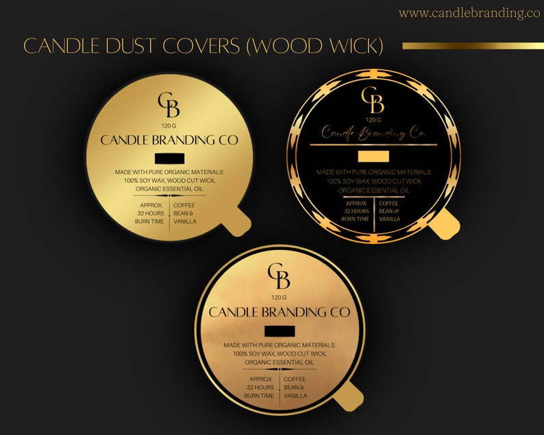 May include: Three gold labels for candle jars with a black background. The labels feature the text "Candle Branding Co." and "120g" with a gold "B" logo. The labels list the ingredients as "Made with pure organic materials: 100% soy wax, wood cut wick, organic essential oil." The labels also list the scent as "Coffee Bean & Vanilla" and the approximate burn time as "32 hours".