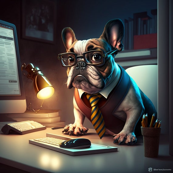 Frenchie Working at A Computer 3 JPG PNG PDF Digital Download