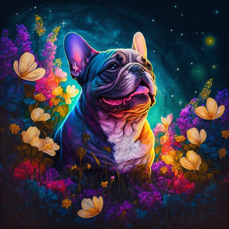 Frenchie in Flowers Colorful Purple Dog Art Digital - Etsy