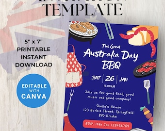 Puede incluir: Plantilla de invitación imprimible para una barbacoa del Día de Australia. La invitación es azul con un delantal a cuadros rojo y blanco, una parrilla y varios alimentos para barbacoa. El texto dice "The Great Australia Day BBQ", "Sat 26 Jan 11:00AM", "Join us for good food, good music and good company!" y "Sheila's House 123 Barbie Street, Springfield BYO Drinks RSVP: 19th Jan 123456789".