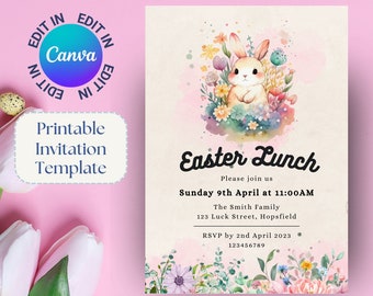 Inbjudan till påsklunch, mall för påskbrunch, påskinbjudan i Canva, lätt utskrivbar påskinbjudan, söt kaninäng (EA02)
