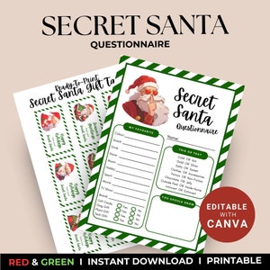 Secret Santa Fragen Vorlage zum Ausdrucken, bearbeitbarer Fragebogen für Mitarbeiter Erwachsene Kinder, Büro Secret Santa Fragen Flyer Blätter