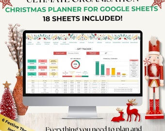May include: A computer screen displaying a Google Sheets spreadsheet with a Christmas planner template. The spreadsheet includes sections for gift tracking, financial overview, and a to-do list. The image also includes a festive Christmas theme with red and green decorations.