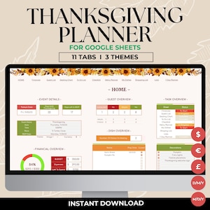 Op de afbeelding: Een computerscherm dat een Thanksgiving-planner voor Google Sheets weergeeft. De planner heeft 11 tabbladen en 3 thema's. Het scherm toont een startpagina met secties voor evenementdetails, gastoverzicht, gerecht overzicht, financieel overzicht en taakoverzicht. De planner bevat een budgetsectie, een to-do-lijst en een zitplaatskaart. De planner is versierd met herfstthema-afbeeldingen, waaronder zonnebloemen en pompoenen.