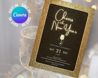 New Years Day Party Invite Template, Printable New Years Invitation Neon, Cocktail Dinner Party, Editable Canva, Sparkle Gold Glitter NY01