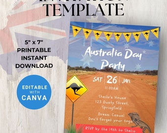 Può includere: Modello di invito stampabile per una festa del giorno dell'Australia. Il modello presenta una strada sterrata rossa, un cartello stradale con un canguro e una lucertola. Il testo recita "Australia Day Party", "Sab 26 Gen", "11:00 AM", "Sheila's House", "123 Dusty Street, Springfield", "Dress: Casual", "Don't forget your togs!" e "RSVP by the 19th to Shelia 123456789".