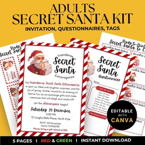 Secret Santa Fragebogen für Erwachsene, Secret Santa Fragen Vorlage, Secret Santa Sheets Flyer Vorlage, bearbeitbares Secret Santa Kit