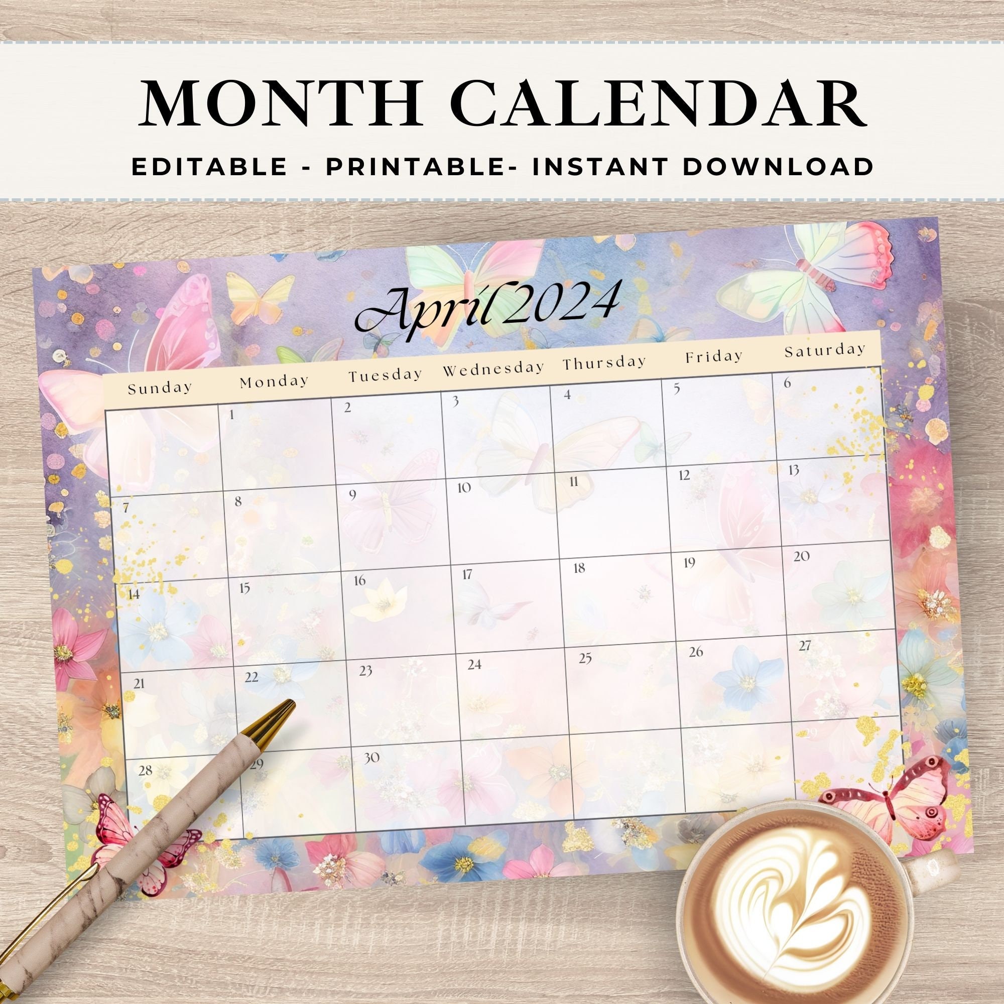 April 2024 Calendar Digital Download PDF, Fillable EDITABLE April ...